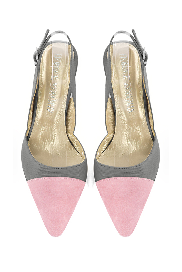 Women's light pink and dove grey elegant slingback heels. Tapered toe. Medium slim heel - Top view